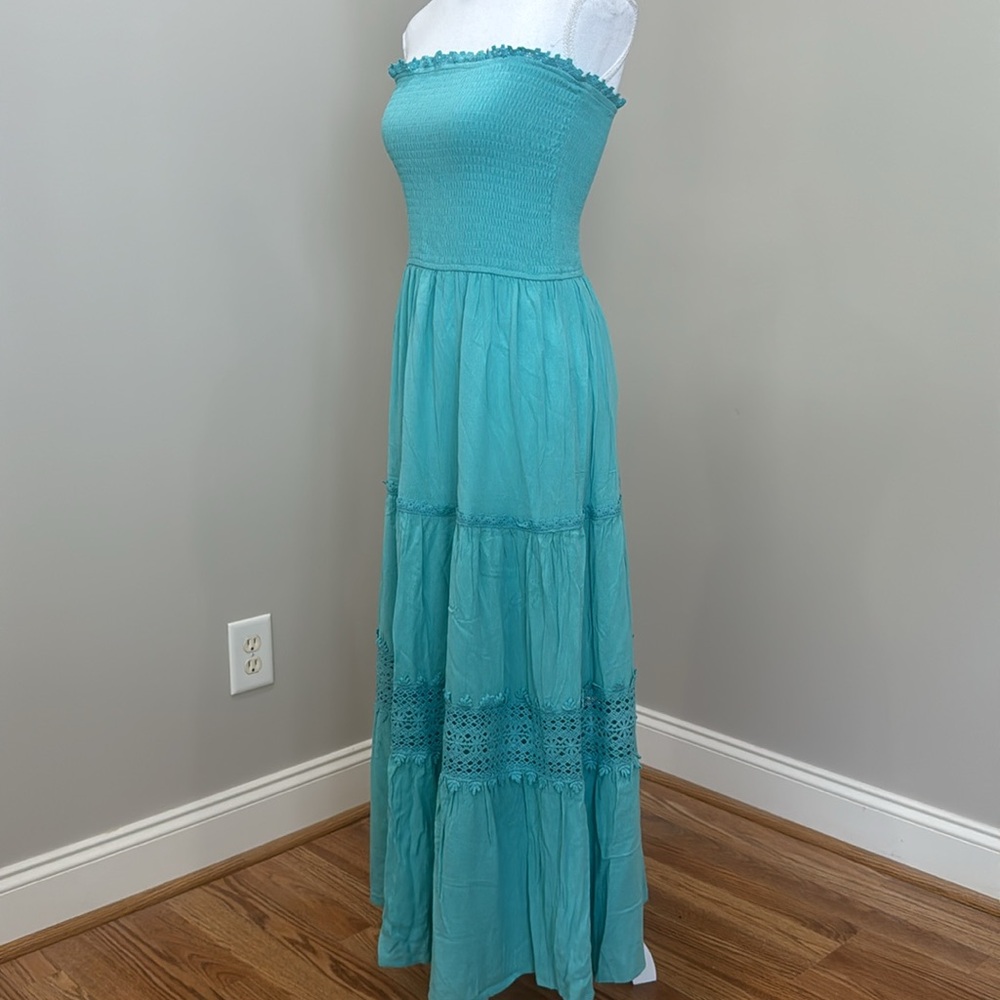 Light Turqouise Blue Strapless Maxi Dress with Smocked Bodice and Full Skirt - Picture 6 of 10